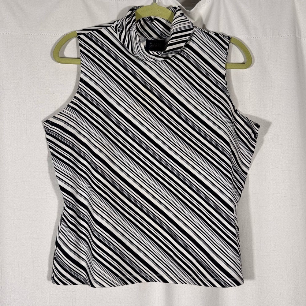 Vintage Hilliard & Handson Black & White Striped Sleeveless Mock Neck Top